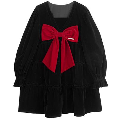 凯莉欧千金风丝绒蝴蝶结连衣裙