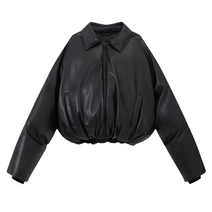 出逃赤岗西 原创廓形免洗黑色pu皮羽绒服短款冬季加厚棉服外套女