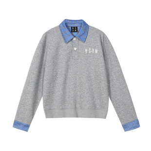 MEDM 纯色双面拼格子休闲长袖Polo衫潮牌通勤情侣宽松翻领上衣秋