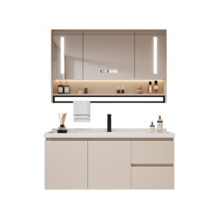 现代简约奶茶色实木浴室柜组合陶瓷一体盆卫生间洗漱台洗脸洗手盆