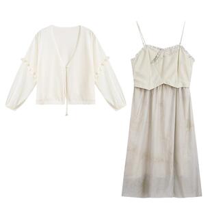 紫涵新中式吊带裙针织衫套装女秋季新款禅意休闲外套连衣裙两件套