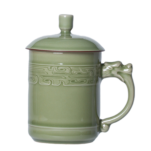 龙泉青瓷陶瓷杯子带盖个人专用高端大号办公杯越窑仿古龙柄会议杯