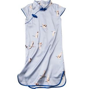 妞家儿童真丝女童桑蚕丝旗袍 大雁南飞 桑蚕丝连衣裙唐装宝宝礼服