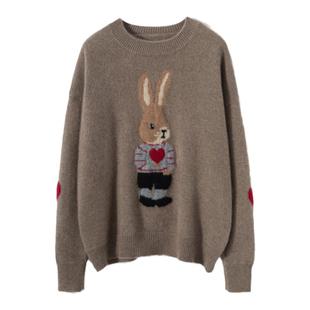圆领兔子绣花羊绒衫女宽松秋冬新款加厚100%纯山羊绒针织打底毛衣