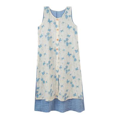 蓝色假两件背心连衣裙