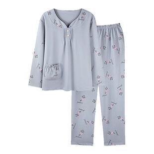 芬腾可安纯棉长袖睡衣女款秋冬季中老年妈妈蓝家居服大码2026新款