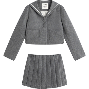 Studio1till8 8 秋冬羊毛毛呢套装短款百褶裙裤海军领毛呢短外套