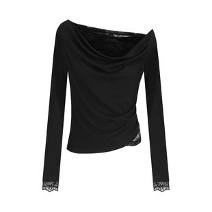 UNSPOKEN蕾丝拼接一字肩针织衫女2026春季新款简约高级感修身上衣
