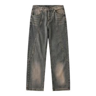 LAMLICKA复古宽松拼接牛仔裤男时尚潮流百搭直筒版型休闲街头裤子