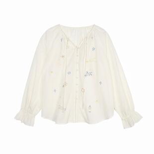 LLANO烂漫星河刺绣衬衫长绒棉复古质感法式外搭上衣衬衣女秋夏季