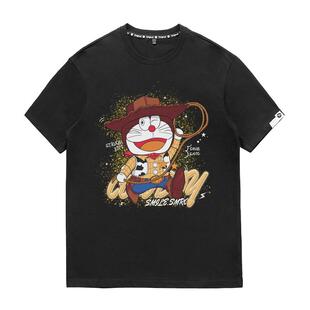 多啦A梦联名机器猫cos牛仔同款短袖潮牌潮流ins卡通宽松情侣T恤男