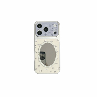 卡通手绘线条小狗适用iphone16/17promax镜子手机壳大视窗皮质13/14苹果15/16pormax保护壳简约皮纹新款蓝色