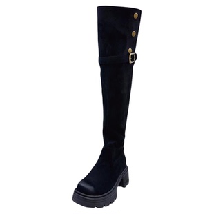 小个子增高7cm翻折两穿高筒靴长筒靴女厚底过膝弹力绒面长靴子女