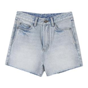 【清仓】纯棉极简毛须边中腰无弹水洗砂感浅蓝色牛仔短裤4373