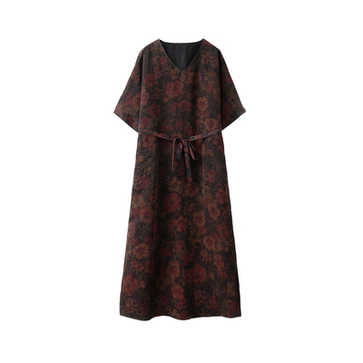 一丝牵 100%桑蚕丝真丝香云纱连衣裙慵懒极简大版袍子长裙有腰带