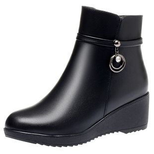 坡跟短靴女真皮女士冬季皮鞋加绒加厚靴子中跟妈妈鞋棉鞋中年女鞋