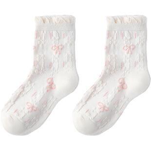 英氏儿童袜子女童春秋薄款公主风宝宝中筒短袜防滑透气百搭花边袜