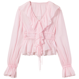 【Bella Hadid同款】Miss Sixty2025夏季新款衬衫女桑蚕丝荷叶边