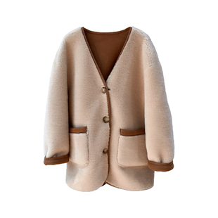 特价高级感羊羔毛两面穿冬季 V领羊剪绒皮毛一体中长款皮草外套女