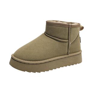 周冬雨同款厚底雪地靴女皮毛一体短筒情侣加绒加厚2026冬季棉鞋男