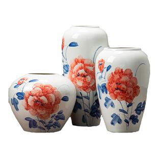 景德镇新中式手绘陶瓷水培花瓶富贵牡丹玄关客厅书房摆件插仿真花