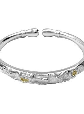 9999足银莲花对珠手镯国风银饰