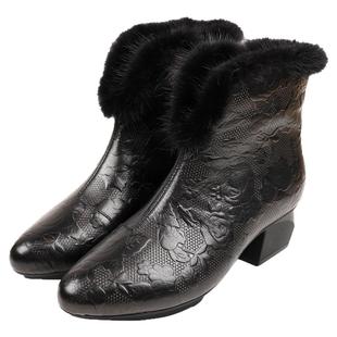 相伴真皮加绒短靴女2025新款粗跟貂毛口保暖靴子压花冬季厚底女靴