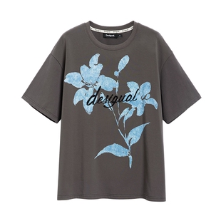 Desigual新品宽松仿牛仔花卉印花珠绣logo短袖女式T恤