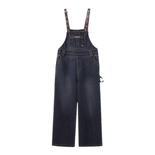 FPMZ 拼皮新款双腰设计百搭皮带扣牛仔背带裤复古直筒连体裤长裤