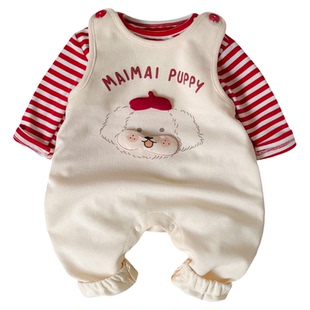 婴儿秋装女宝宝洋气小套装2025新款儿童背带裤分体婴儿服周岁礼服