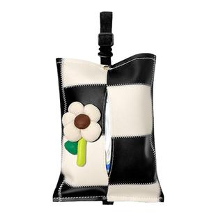 黑白拼接格汽车纸巾包创意小花车载挂式纸巾包车内饰座椅背抽纸包