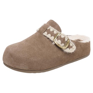 星期六真皮勃肯半拖鞋女款冬季加绒保暖居家棉拖内增高复古穆勒拖