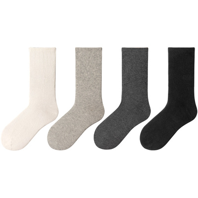 良朴日系简约堆堆白色棉中筒袜