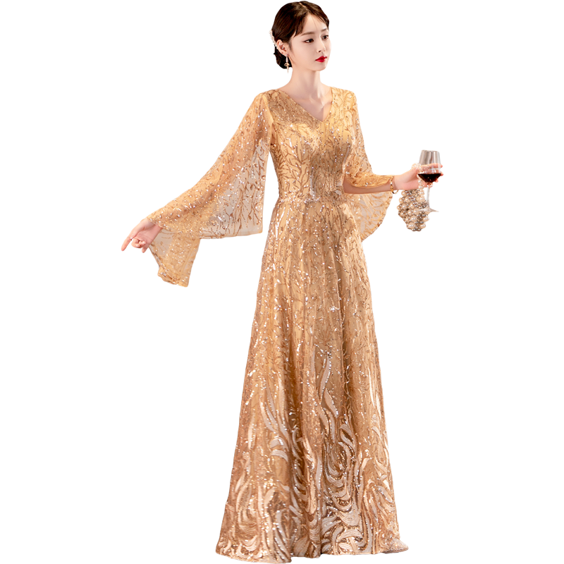 金色晚礼服女高级感气质轻奢年会主持人连衣裙合唱演出服亮片长款