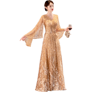 金色晚礼服女高级感气质轻奢年会主持人连衣裙合唱演出服亮片长款