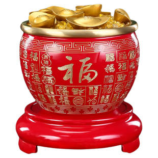 实心纯铜百福缸摆件大小号彩绘黄铜米缸客厅玄关家用红色聚宝铜盆