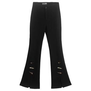 KEIKO 设计感黑色微喇叭牛仔裤女25春复古牛角扣饰开叉马蹄休闲裤