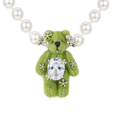 YVMIN尤目 草地布料小熊珍珠项链宝石镶嵌颈链生日礼物设计师新品