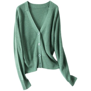 V领真丝外搭开衫女春季加厚短款配裙子针织衫外套桑蚕丝长袖毛衣