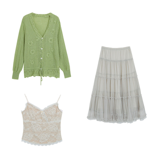 2026春季新款绝美显瘦套装女大码针织开衫蕾丝吊带半身纱裙三件套