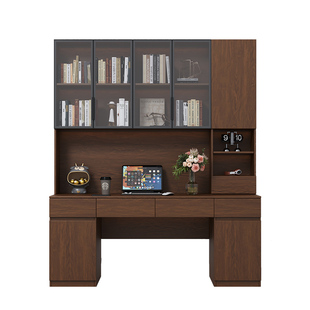 定制橡木双人书桌书柜一体胡桃实木转角儿童写字桌玻璃书架学习桌