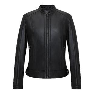 Navigare意大利小帆船短款真皮皮衣女士黑色修身机车服哈灵顿外套