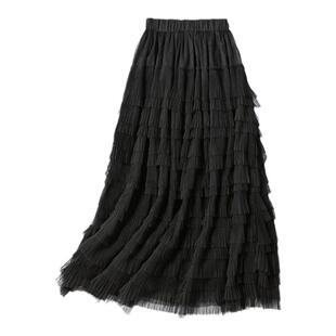 多层次飘逸垂感纱裙女半身裙气质高腰A字裙黑色网纱蛋糕裙百褶裙