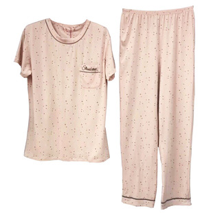 莉安琪正品专柜新款短袖长裤螺纹面料印花小圆领女睡衣家居服