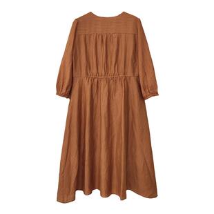 古木夕羊纯色V领天丝连衣裙女秋季复古宽松抽绳长裙