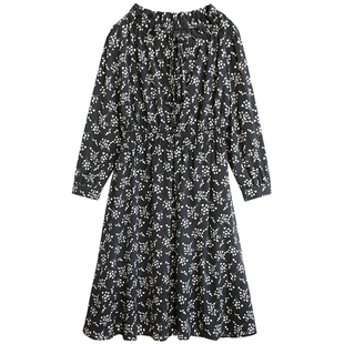 花吉黑色雪纺碎花春装连衣裙女轻熟风收腰系带气质春秋长袖Q019