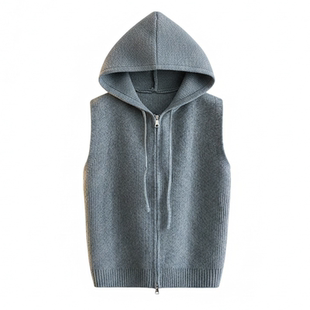 休闲风连帽双拉链针织衫马甲女叠穿无袖背心气质外搭宽松毛衣上衣