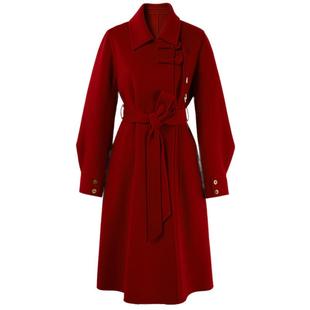 秋水伊人新中式呢子大衣2025国风秋冬季高级感毛呢外套女红色战袍