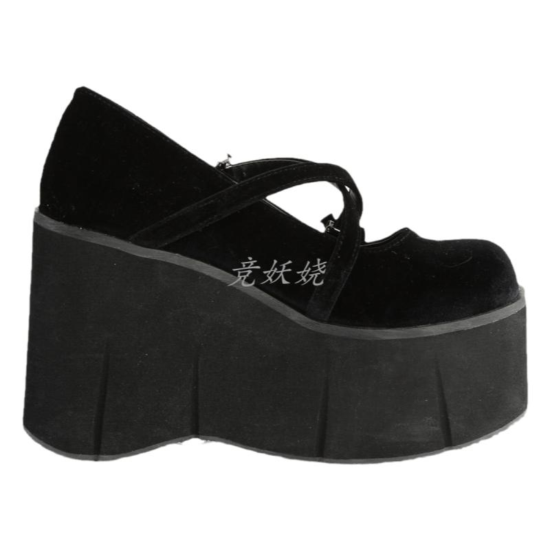 【现货】美国Demonia11.4cm厚底天鹅绒高跟鞋交叉设计系带蝙蝠鞋
