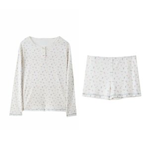 2025秋冬新款睡衣女休闲套装纯欲风华夫格印花家居服长袖可外穿